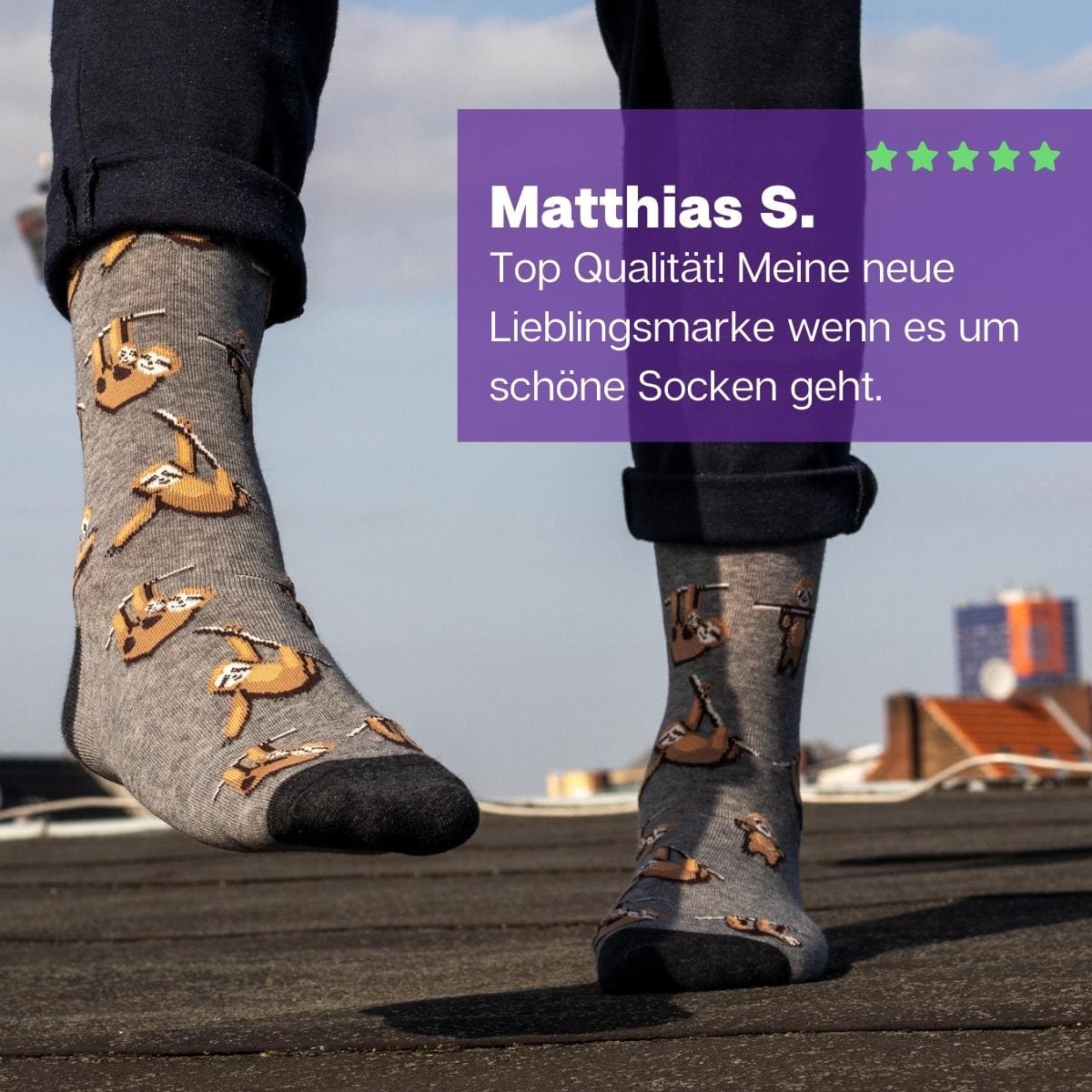 Faultier Socken von PATRON SOCKS in der Höhe auf Flachdach