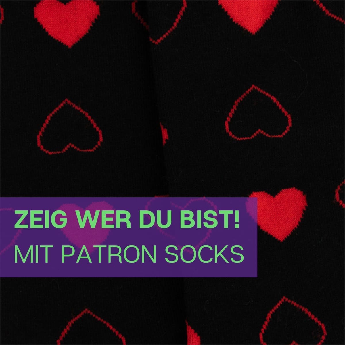 Nahaufnahme des bestechenden Designs der schwarzen Herzen Socken von PATRON SOCKS