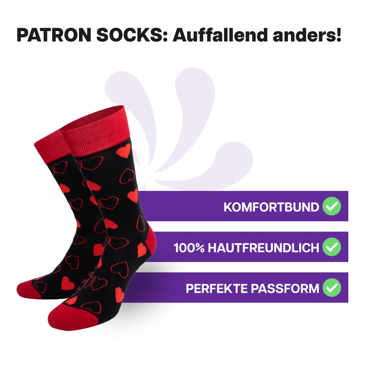 Hautfreundliche, schwarze Herz Socken von PATRON SOCKS mit Komfortbund. Sehr gute Passform!