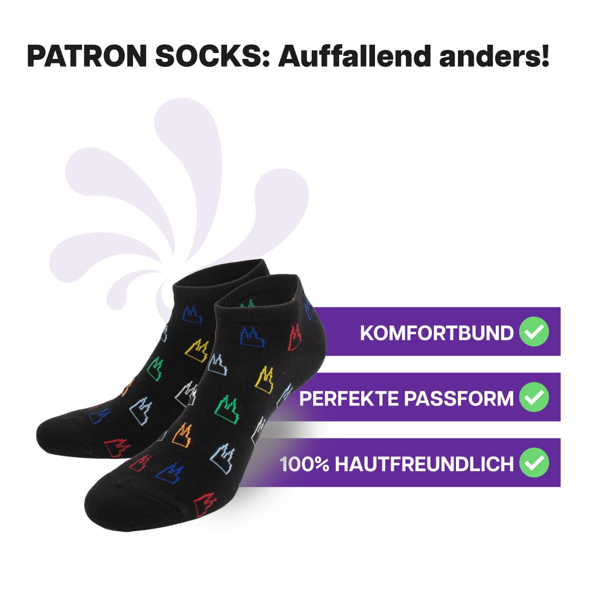 Multifunktionale schwarze Sneaker Socken mit Dom Motiv von PATRON SOCKS. Sehr gute Passform!
