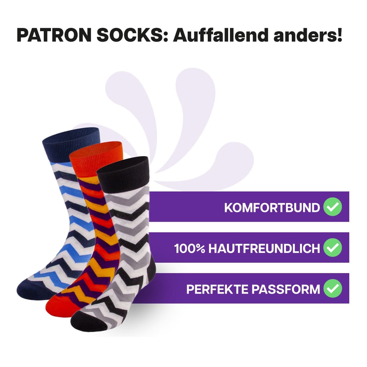 3 Paar hautfreundliche, mehrfarbige Zickzack Socken in Geschenkbox von PATRON SOCKS mit Komfortbund. Sehr gute Passform!