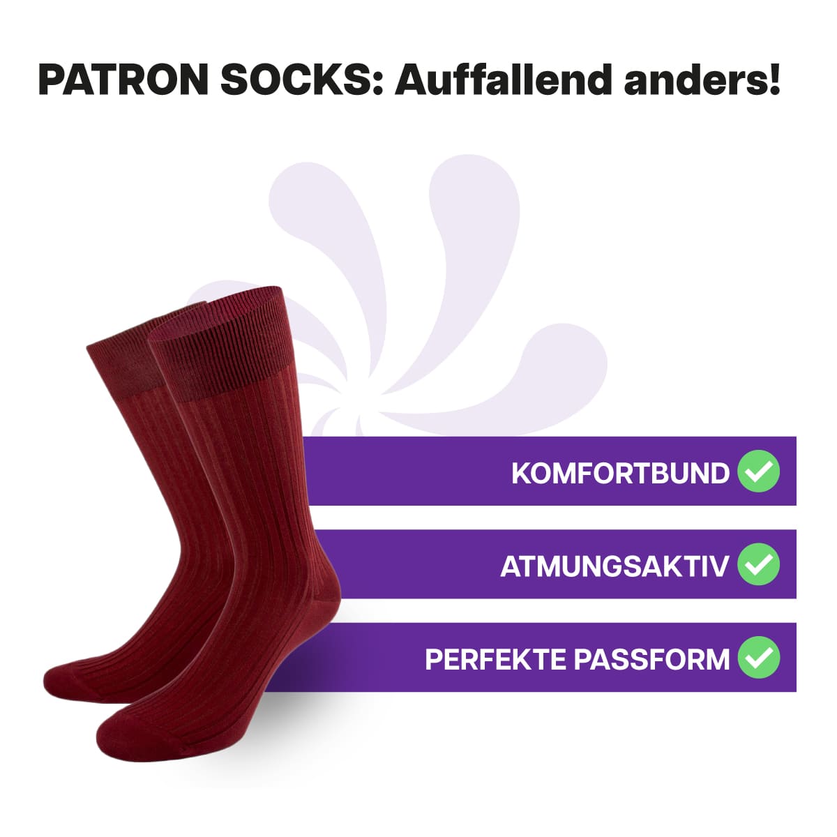 Hochwertige, bordeaux Luxus Business Socken von PATRON SOCKS mit Komfortbund. Sehr gute Passform!