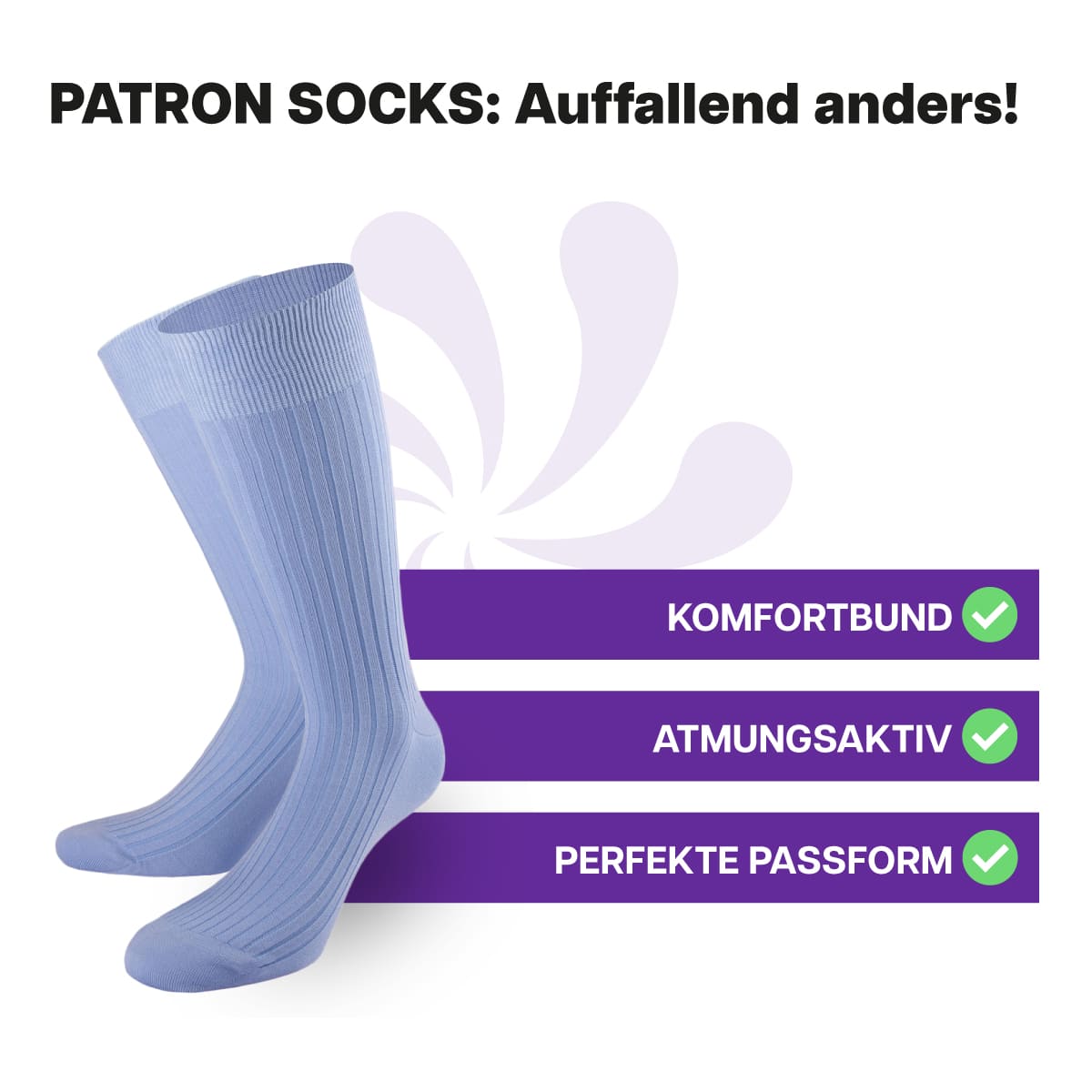 Hochwertige, hellblaue Luxus Business Socken von PATRON SOCKS mit Komfortbund. Sehr gute Passform!
