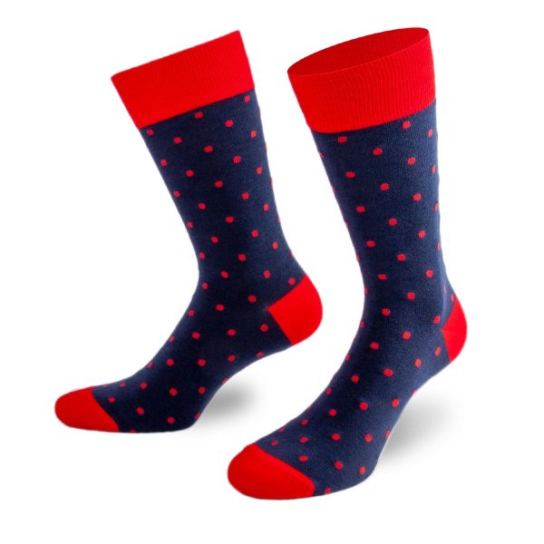Fantastische dunkel blaue Socken mit knalligen roten Punkten von PATRON SOCKS