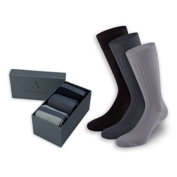Edle Business-Socken in Schwarz, Dunkelgrau und Hellgrau in der Geschenkbox von PATRON SOCKS