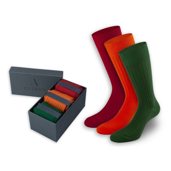 Innovative Business-Socken in Rot, Orange und Grün in der Geschenkbox von PATRON SOCKS