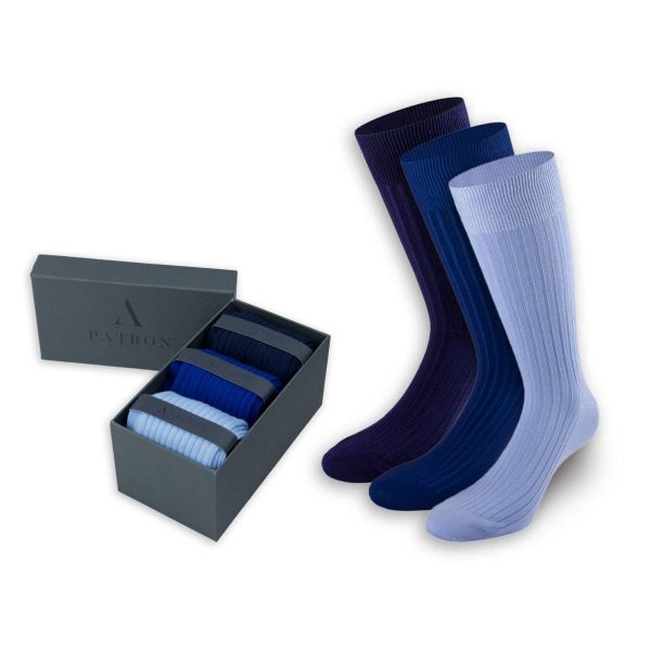 Elegante Business-Socken in Dunkelblau, Königsblau und Hellblau in der Geschenkbox von PATRON SOCKS