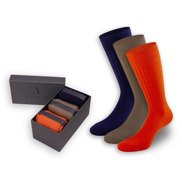 Trendige Business-Socken in Dunkelblau, Braun und Orange in der Geschenkbox von PATRON SOCKS