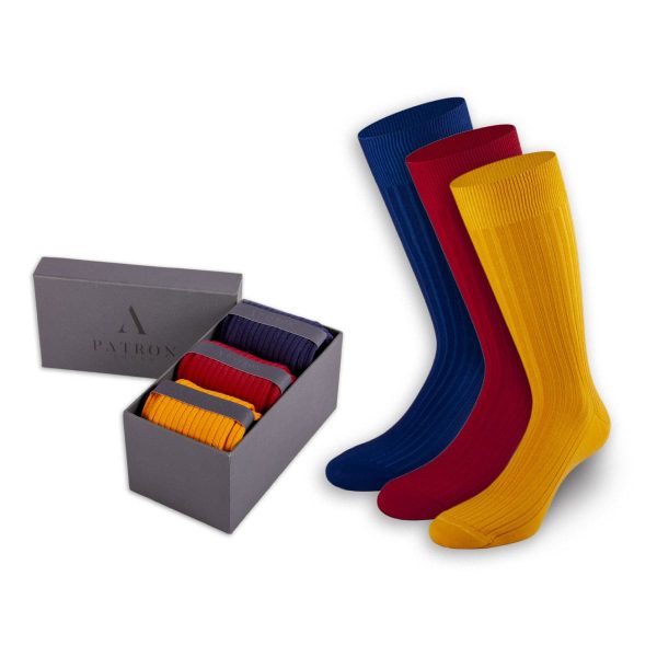 Modische Business-Socken in Dunkelblau, Bordeaux und Gelb in der Geschenkbox von PATRON SOCKS