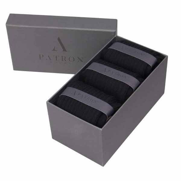 Qualitativ hochwertige schwarze Business Socken von PATRON SOCKS in einer luxuriösen Geschenkbox