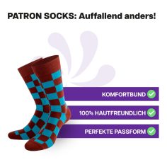 Hautfreundliche, türkis-braune Schachbrett Socken von PATRON SOCKS mit Komfortbund. Sehr gute Passform!