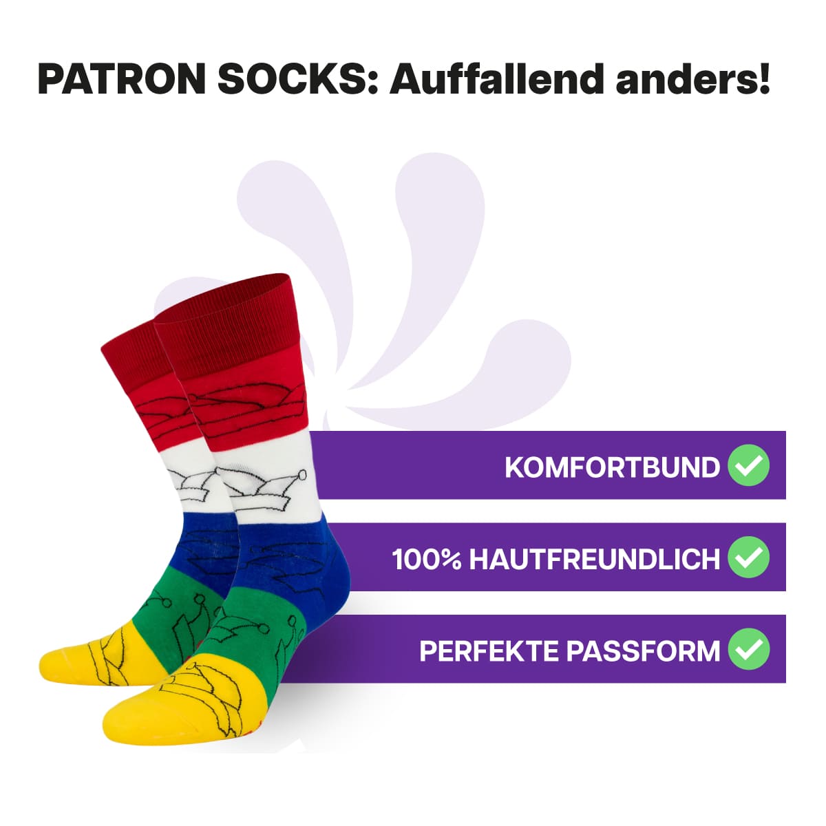 Hautfreundliche Karneval Socken von PATRON SOCKS mit Komfortbund. Sehr gute Passform!