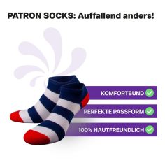 Strapazierfähige blau weiß gestreifte Sneaker Socken von PATRON SOCKS. Sehr gute Passform!
