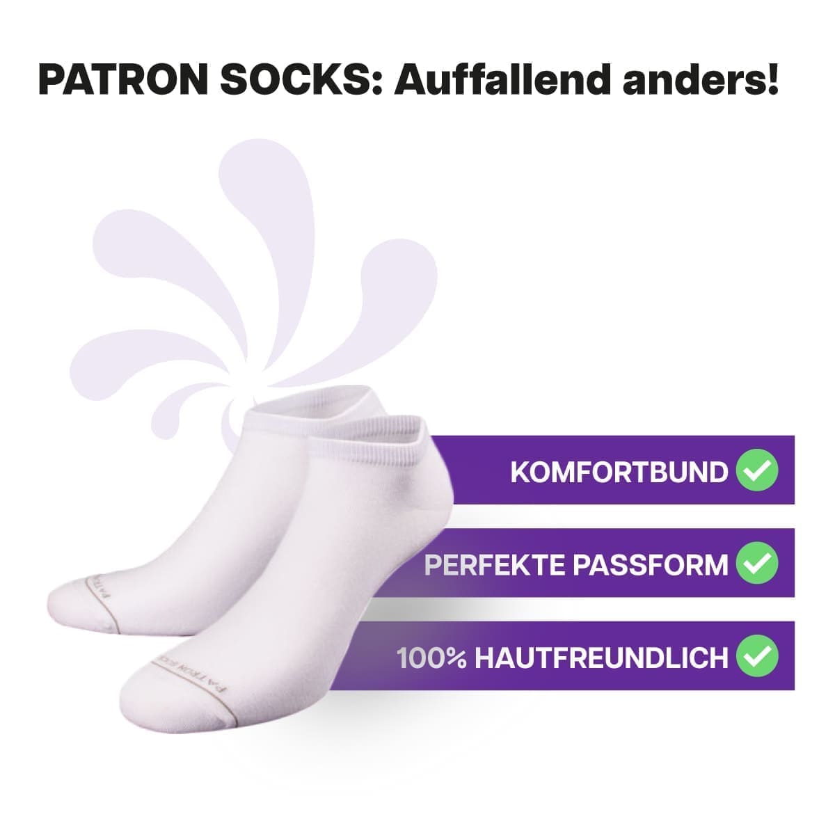 Formstabile weiße Sneaker Socken von PATRON SOCKS mit Komfortbund. Sehr gute Passform!