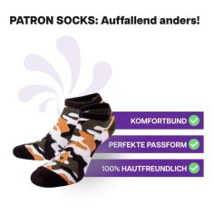 Formstabile Camouflage Sneaker Socken von PATRON SOCKS. Sehr gute Passform.