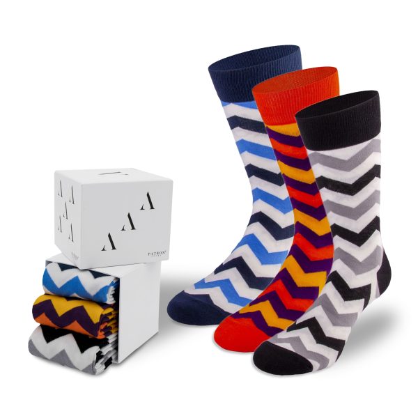 Ausgefallene Socken mit Zickzack Muster in der Geschenkbox von PATRON SOCKS