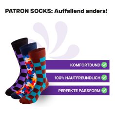 3 Paar hautfreundliche, mehrfarbige Zickzack Socken in Geschenkbox von PATRON SOCKS mit Komfortbund. Sehr gute Passform!