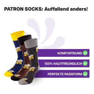 3 Paar hautfreundliche, mehrfarbige Motiv Socken in Geschenkbox von PATRON SOCKS mit Komfortbund. Sehr gute Passform!