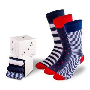 3 Paar gepunktete und gestreifte Socken in der Geschenkbox von PATRON SOCKS