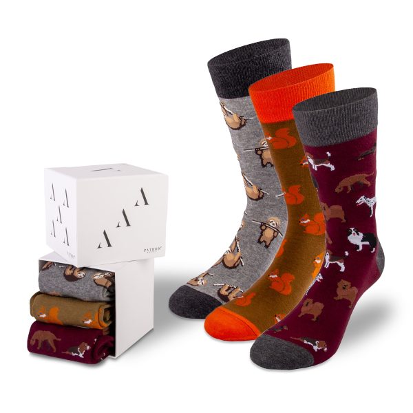 3 Paar farbige Socken mit Tiermotiven in der Geschenkbox von PATRON SOCKS