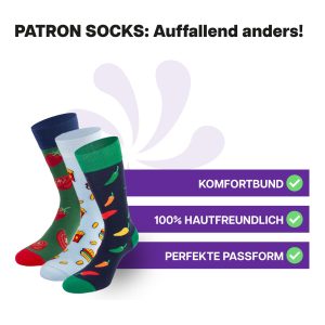 3 Paar hautfreundliche Chilli Burger Socken in Geschenkbox von PATRON SOCKS mit Komfortbund. Sehr gute Passform!